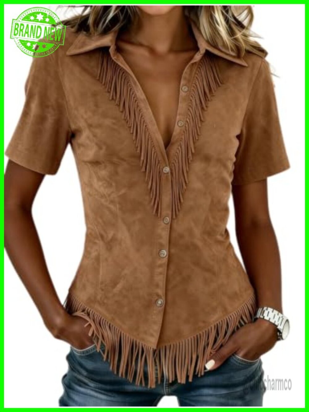 Faux Suede Fringe Button Down Short Sleeve Western Blouse